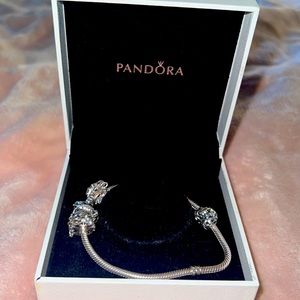 Pandora Bracelet with clips and heart charm and butterfly clip
